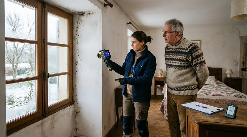 Spécialiste mesurant l'humidité d'un mur à Pérouges